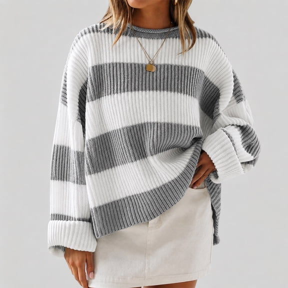 Womens Long Sleeve Oversized Striped Crew Neck Loose Fit Knitted Sweaters, M