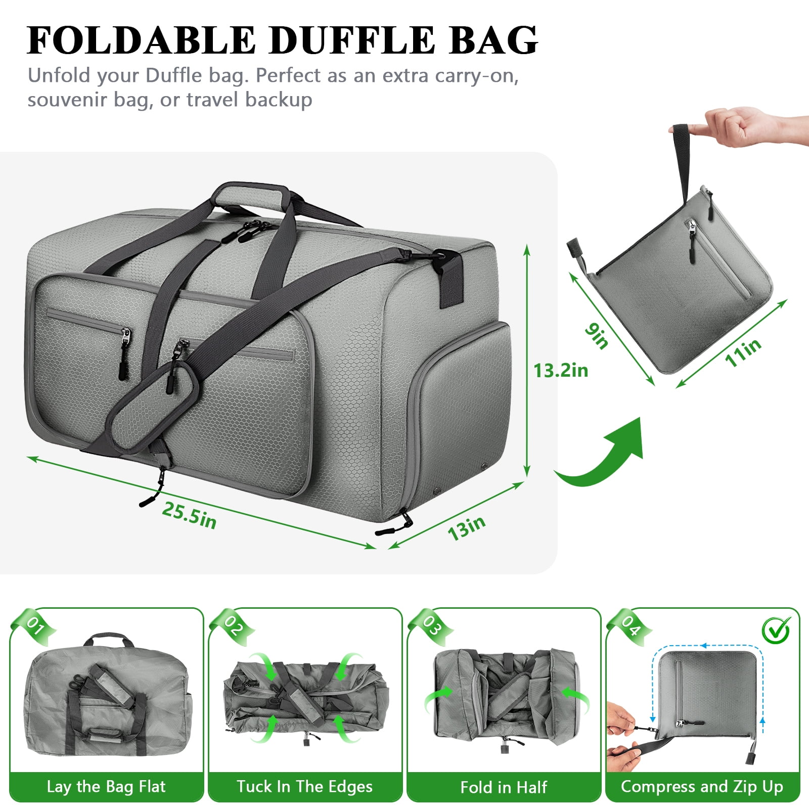 XUEYU 65L Travel Bag, Large Travel Duffel Bags with Shoes Compartment and Adjustable Strap, Foldable Travel Duffel Bags for Men Women,Waterproof Duffel Bags for Traveling Camping, Touring, Gray