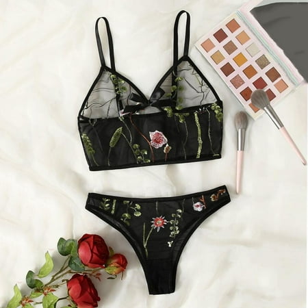 

ERTUTUYI Women s See-through Mesh Embroidery Bra Underwear Without Steel Ring Lingerie Two-piece Suit