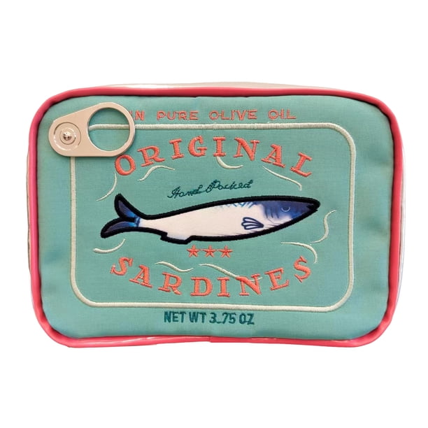Bolsa de maquillaje con diseño de sardinas enlatadas, cierre de cremallera, exquisitos patrones de bordado, neceser portátil de viaje, organizador de cosméticos.