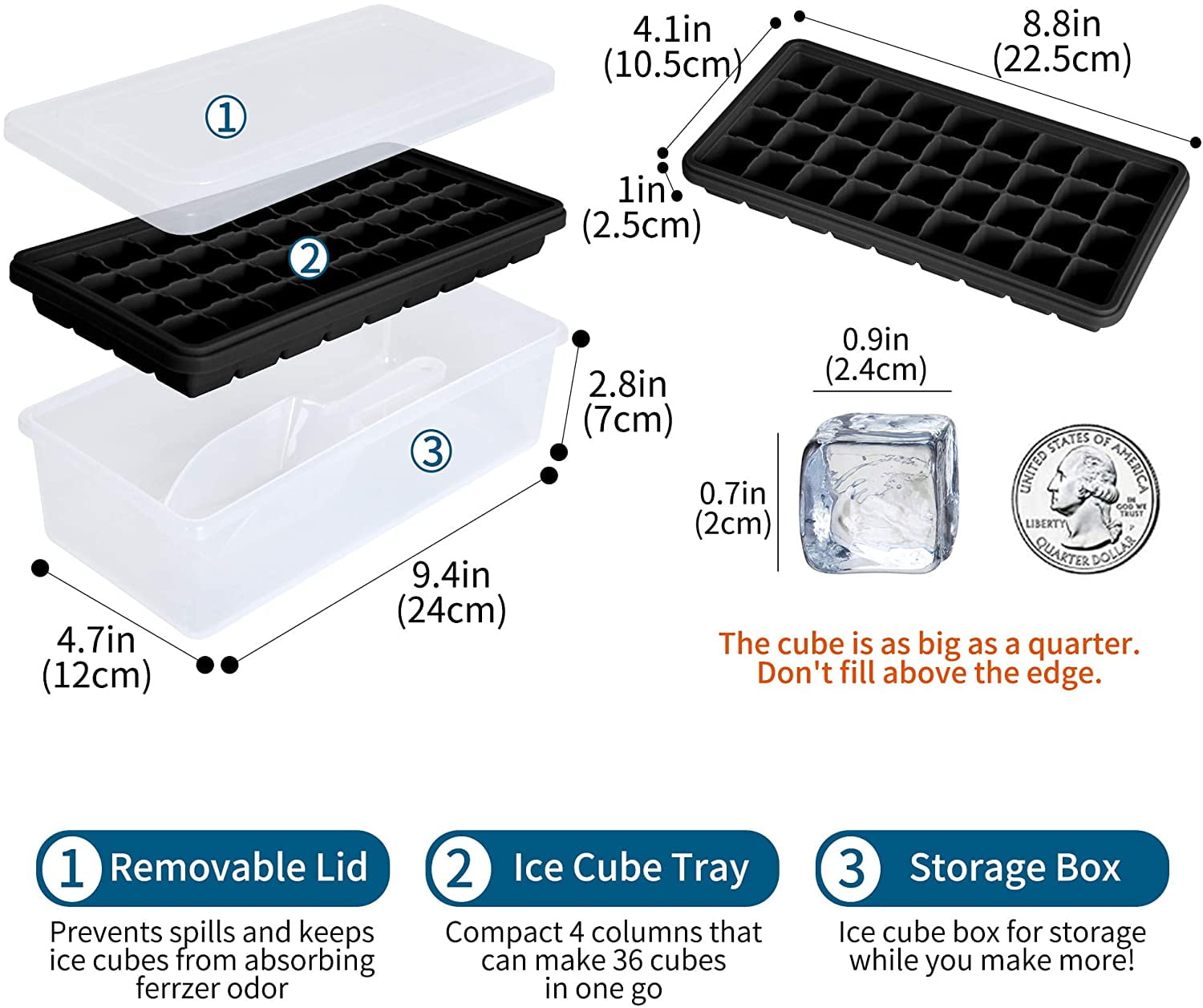 Ice Cube Tray with Lid and Bin | 36 Nugget Silicone Ice Tray for Freezer | Comes with Ice Container, Scoop and Cover | Good Size Ice Bucket