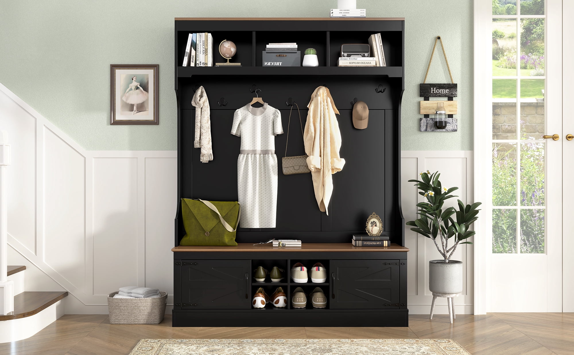 Mintazer 71''H Farmhouse Hall Tree with Bench and Shoe Storage, 5-in-1 Entryway Storage Organizer Cabinet with Coat Rack,4 Shoe Cubbies & 7 Hooks for Hallway, Living Room, Black