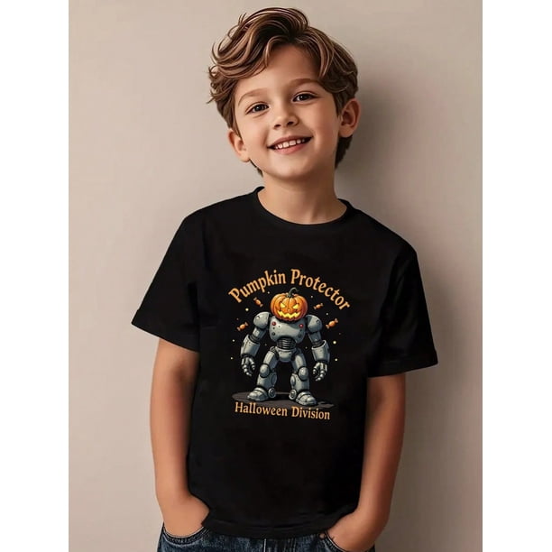 Boys Halloween Pumpkin Robot Graphic T-Shirt, Black Cotton Casual Style Halloween Shirts With Pumpkin Robot, Girls/Boys Fall Clothes, Round Neck Short Sleeve T-Shirt, Fashion