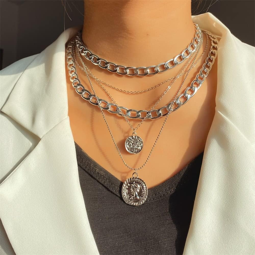 Gold Pirate Necklace For Women - Vintage Coin & Cross Pendant, Chunky Layered Chain, Costume Jewelry