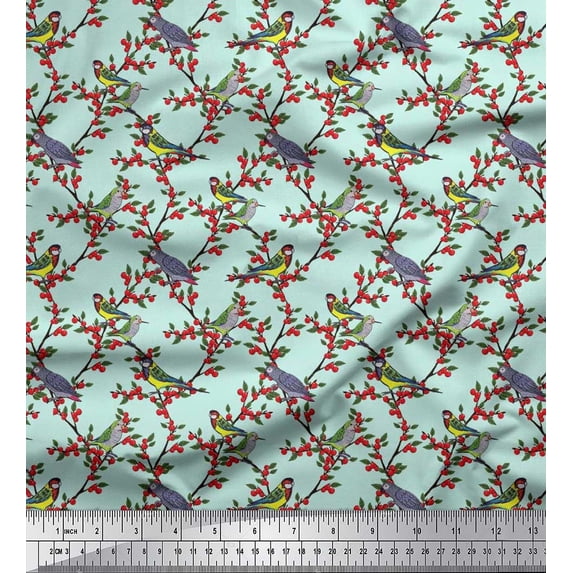 Soimoi Cotton Cambric Fabric Leaves,Red Berries & Parrot Bird Decor Fabric Printed Yard 56 Inch Wide