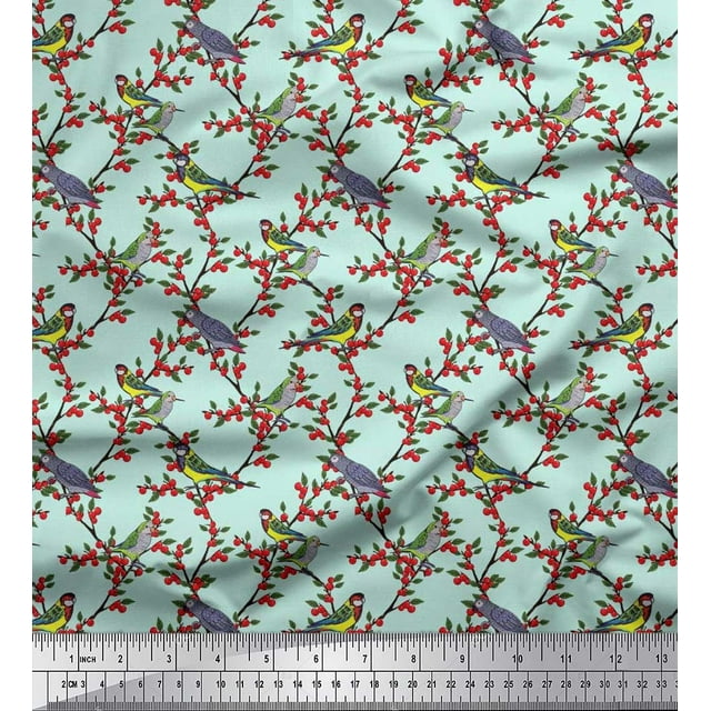 Soimoi Tissu Viscose Georgette Feuilles, Baies Rouges & Perroquet Imprimé Tissu de Couture Yard 42 Pouces de Large