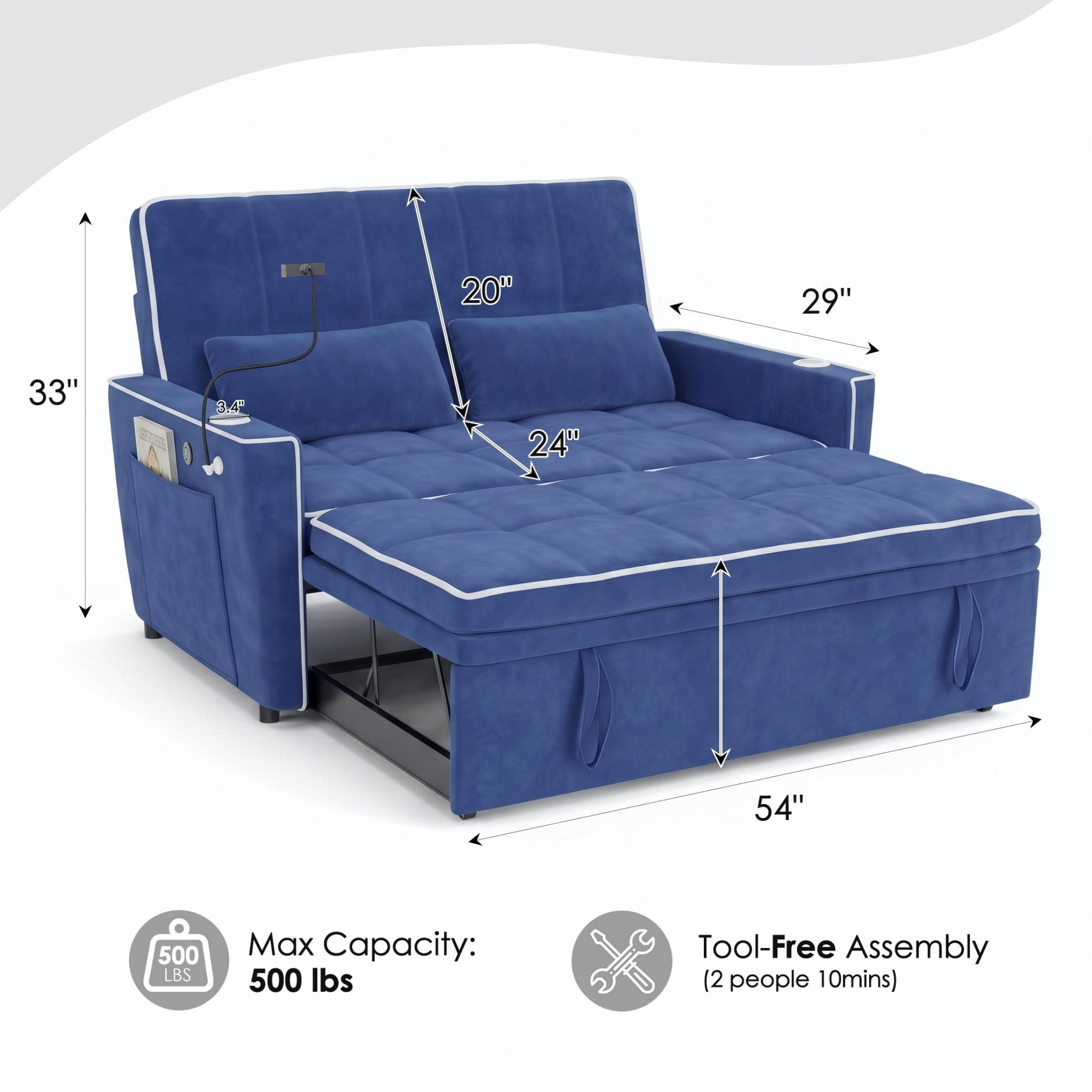 Vinform Sleeper Sofa Bed, 3 in 1 Convertible Loveseat with Phone & Cup Colder for Small Space, Blue