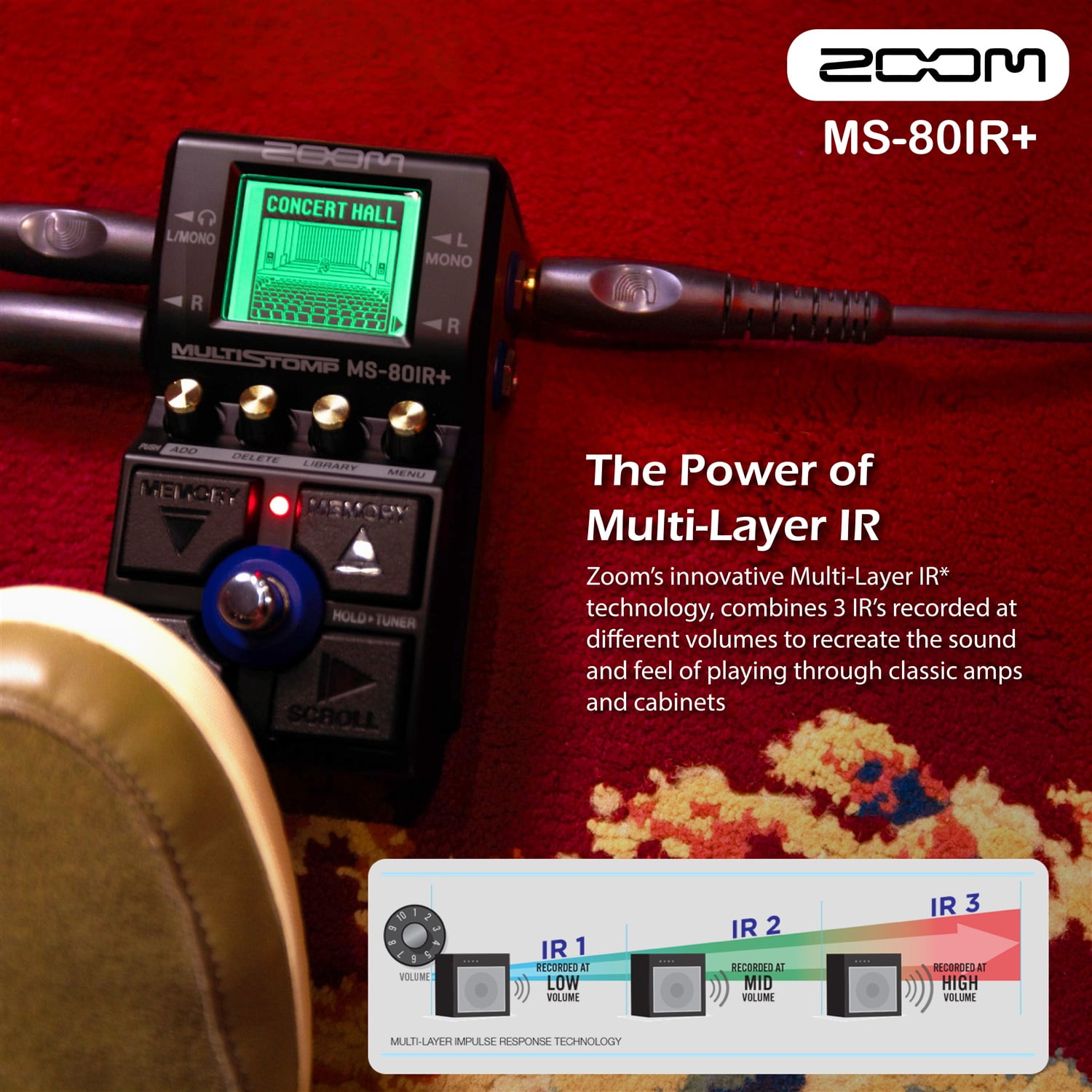 Zoom MS-80IR+ Multistomp Multi-layer IR Pedal, Bundle with Zoom Case, AC adapter, Guitar Picks, AA Batteries (4 Pack), 2X 1/4 in male cable