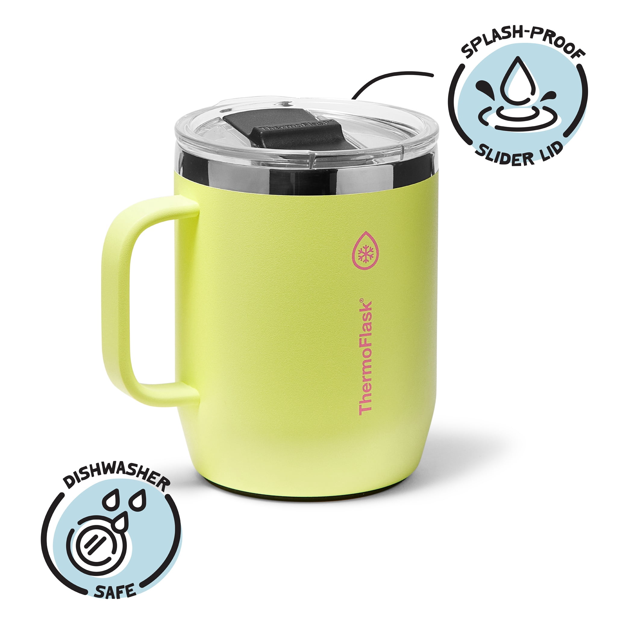 ThermoFlask Drinkware 12 oz Coffee Mug - Double-Wall Insulated for Hot & Cold Drinks - Lightweight & Simple with Innovative Press In Slider Lid - Modern & Durable - Unmellow Yellow