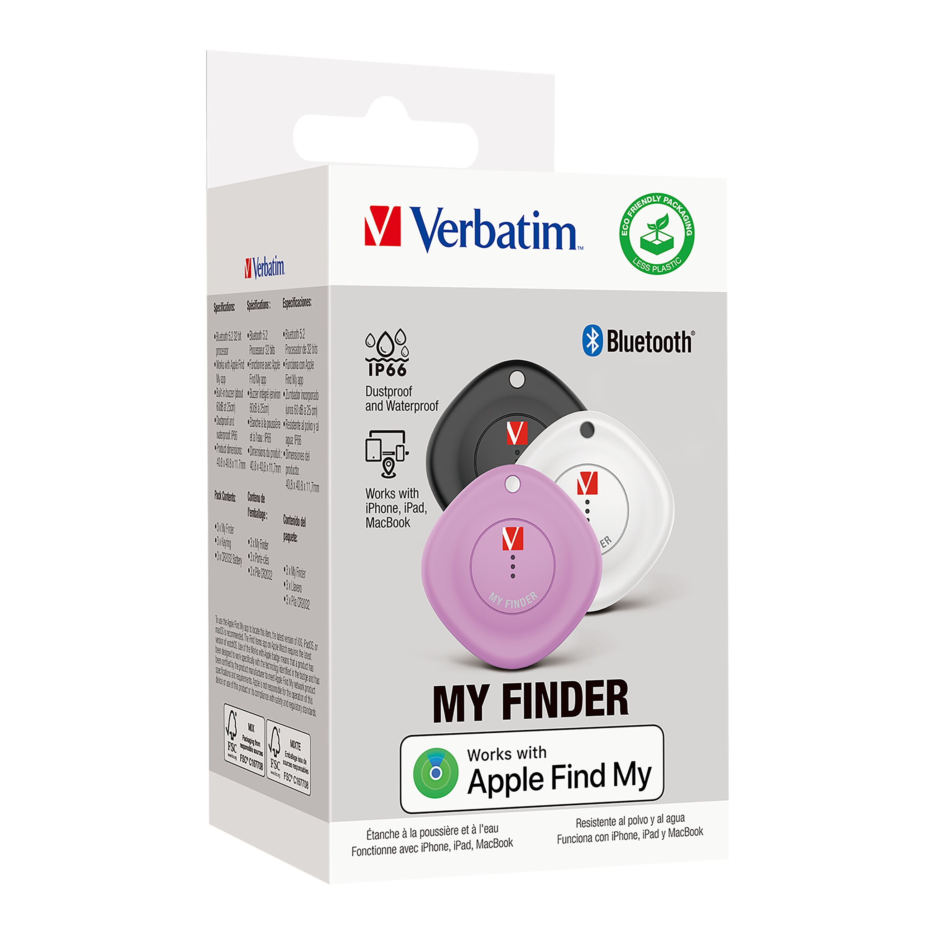 Verbatim My Finder Bluetooth Tracker Tag 3pk – Black,White,Purple