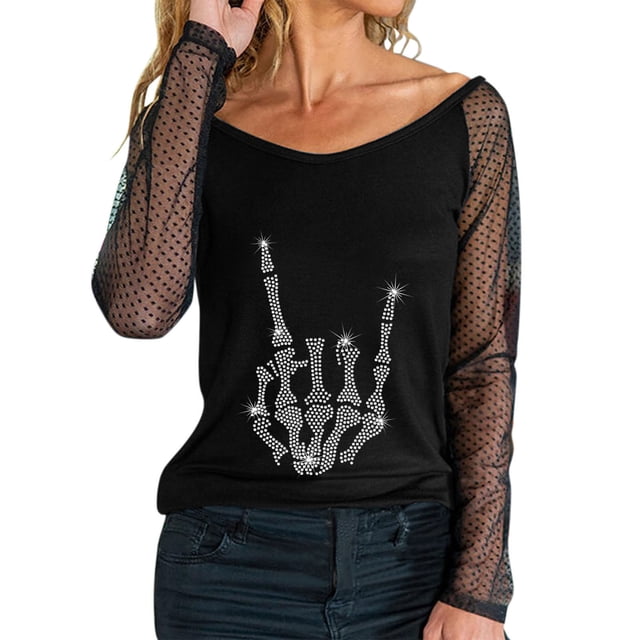 Camiseta de manga larga con cuello redondo y lentejuelas de malla sólida para mujer, blusa Polluver, Tops Pompotops gfhjh17222
