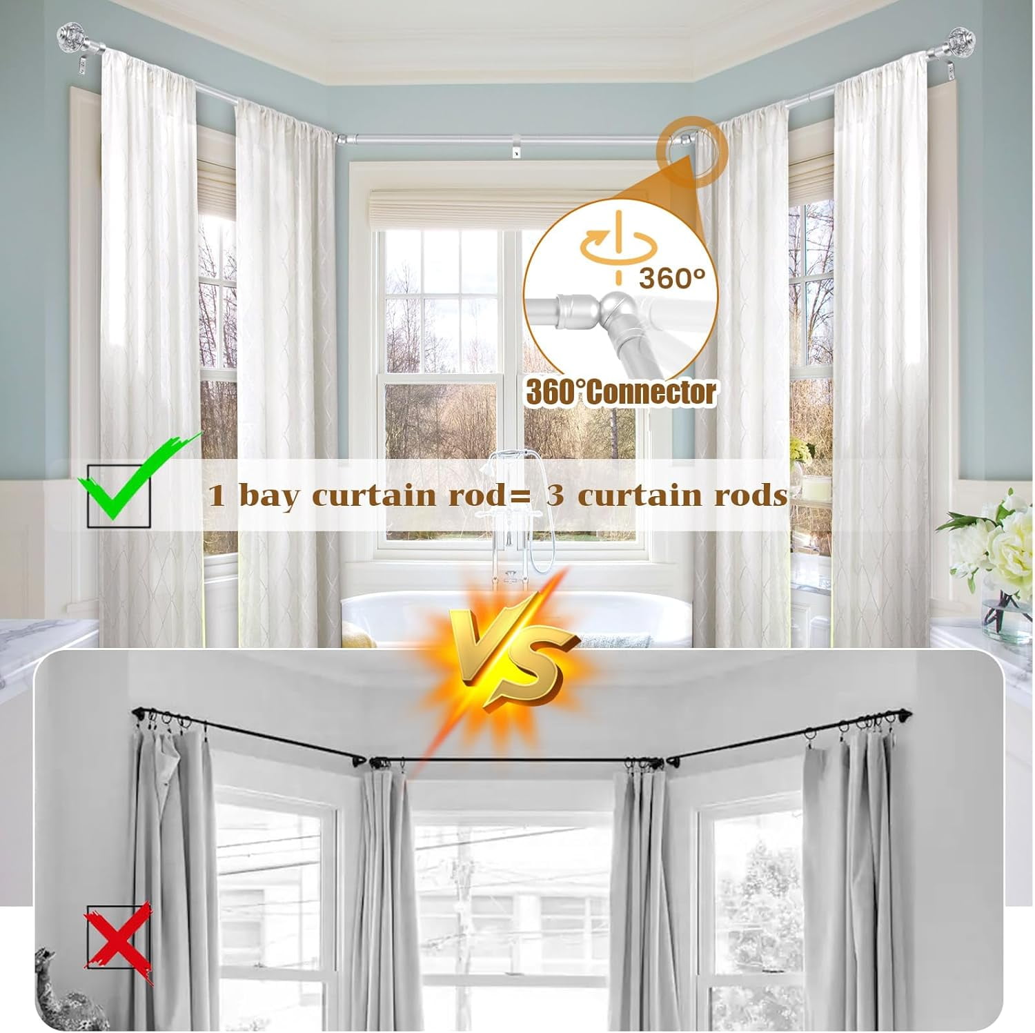 Bay Window Curtain Rod,Silver Curtain Rods for Bay windows 32 to 86 Inch (Center Rod), 32 to 58 Inch Side Rod for windows, Decorative Drapery Rods with Bling Finials