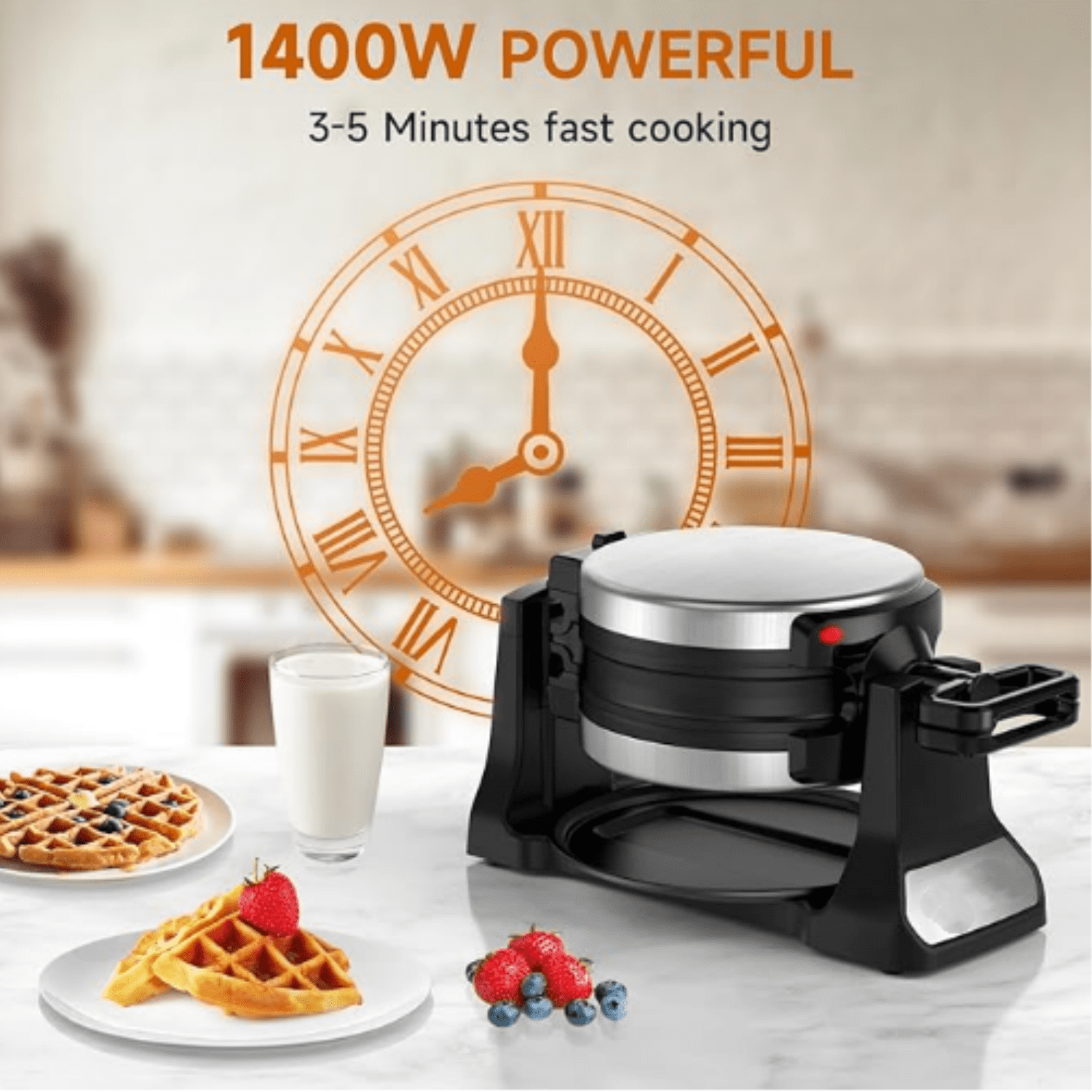 Double Belgian Waffle Maker 180°Flip, 1400W Waffle Iron 8 Slices, Rotating & Nonstick Plates with Removable Drip Tray for Easy Clean, Stainless Steel, Locking Buckle & Cool Touch Handle