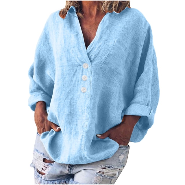 Timegard Hauts pour Femmes Coton Lin Col en V Bouton Manches Longues Léger Automne Décontracté Ample Hauts