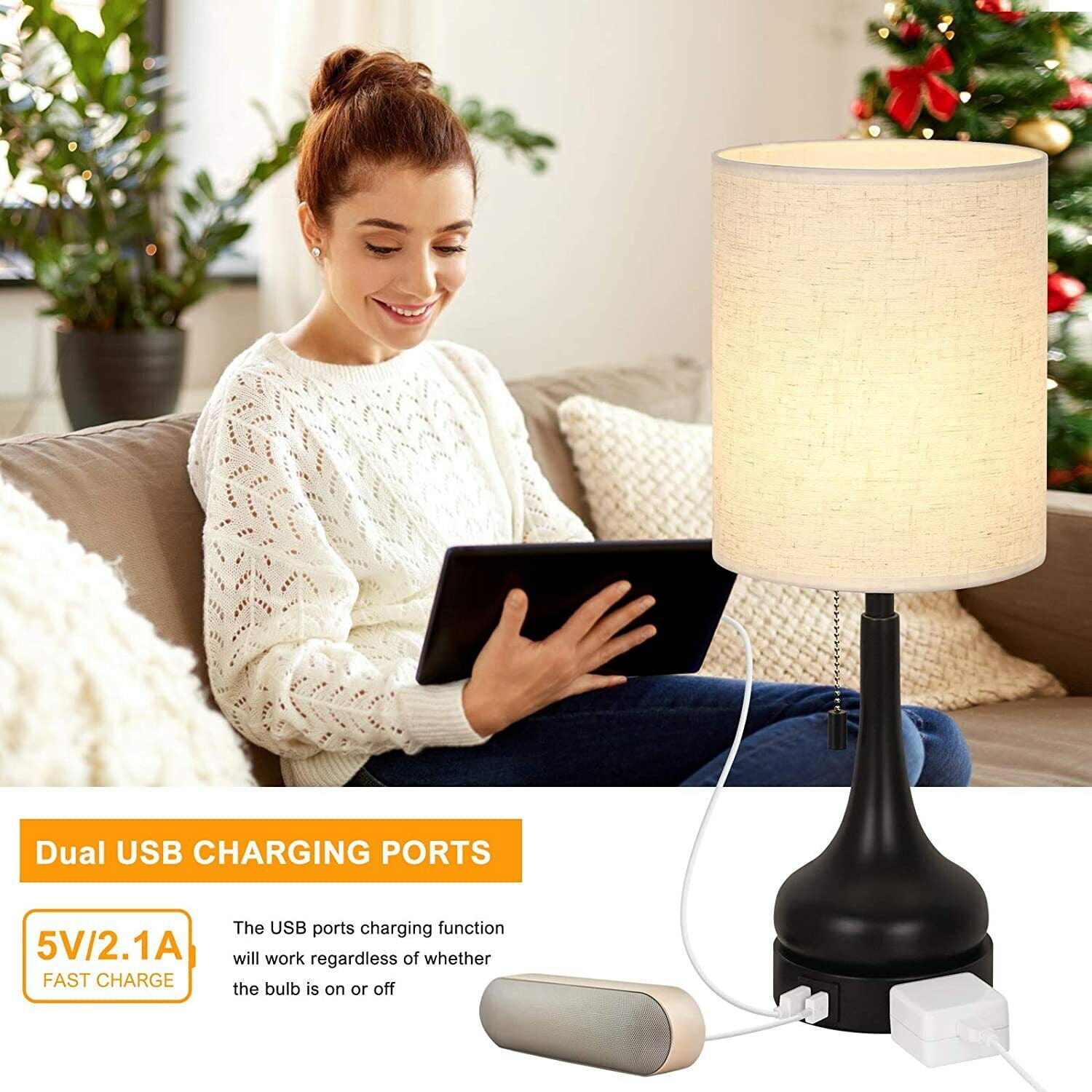 Set of 2 Bedside Lamps with Dual USB & Outlet- USB Lamps with Pull Chain Switch