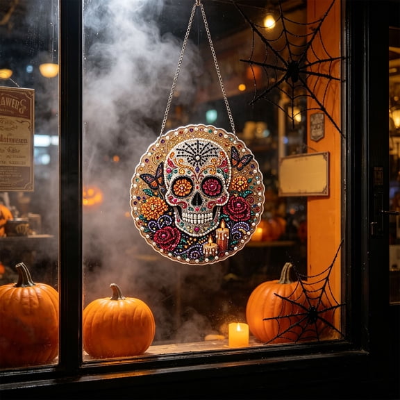 Mexican Sugar Skull Halloween Pearl Art Kits for Adults, 5D Diamond Art Kits Round Hanging Ornament DIY Craft Fall Gift