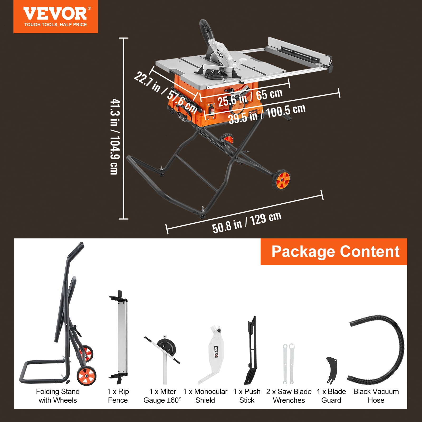 VEVOR Table Saw with Stand, 10-inch 15-Amp, Max Rip 25-in, Speed to 5000RPM, 40T Blade, Compact Portable Jobsite Saw with Sliding Miter for Wood & Furniture Crafting