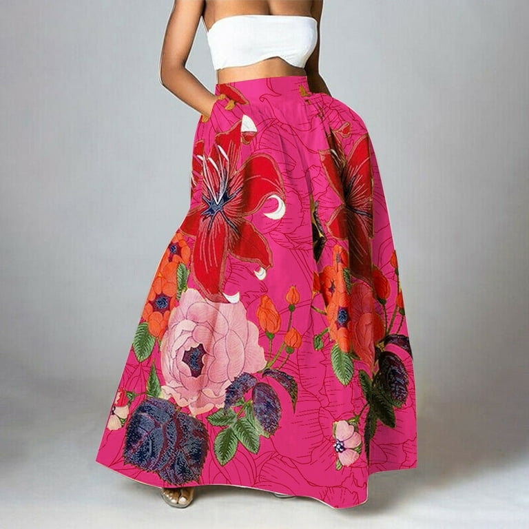 MEAGAOME Tshirt Skirts for Women Apostolic Clothing Ladies Fashion Printed Large Swing Skirt Loose Pocket Half Length Skirt Hoop Skirt Petticoat