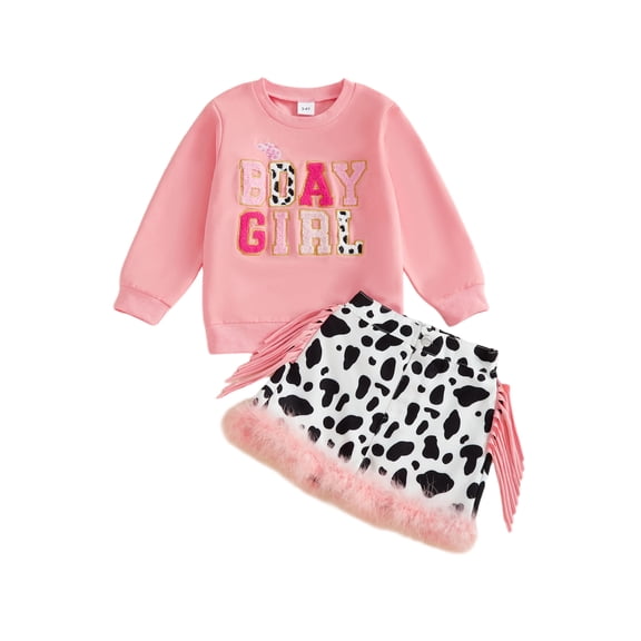 BemeyourBBs Toddler Girls Baby Birthday Cowgirl Outfit Long Sleeve Letters Embroidery Sweatshirt with Cow Print Skirt Set 2 Piece Outfit