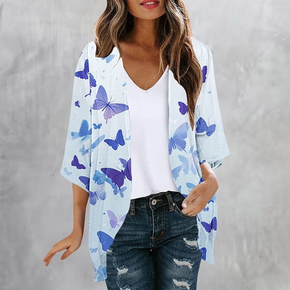 HOMBOM Womens Lightweight Kimonos Sheer Boho Cardigan 3/4 Sleeve Open Front Casual Cover Up for Young Women Floral