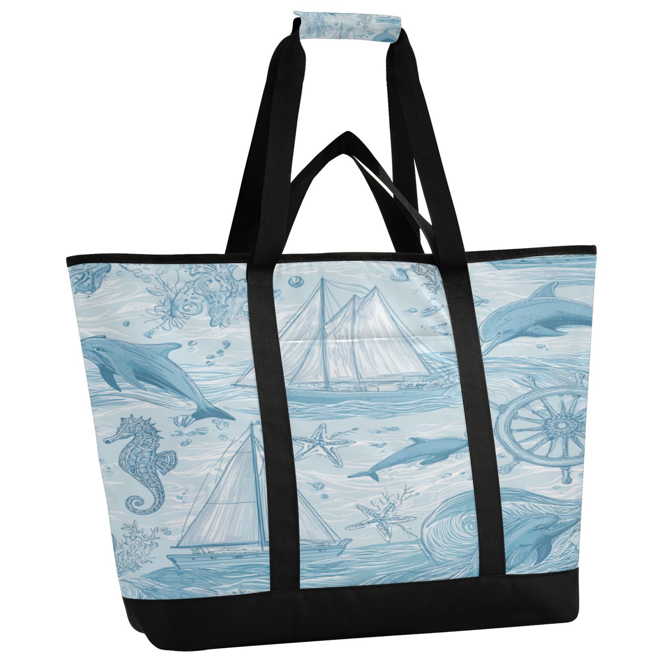 Extra-Large Wide Opening Design Capacity Hand-Held Ice Pack Thickened Insulation Layer For Long-Lasting Cold Retention For Outdoor Shopping Picnics And Camping Light Blue Dolphins Nautical Pattern