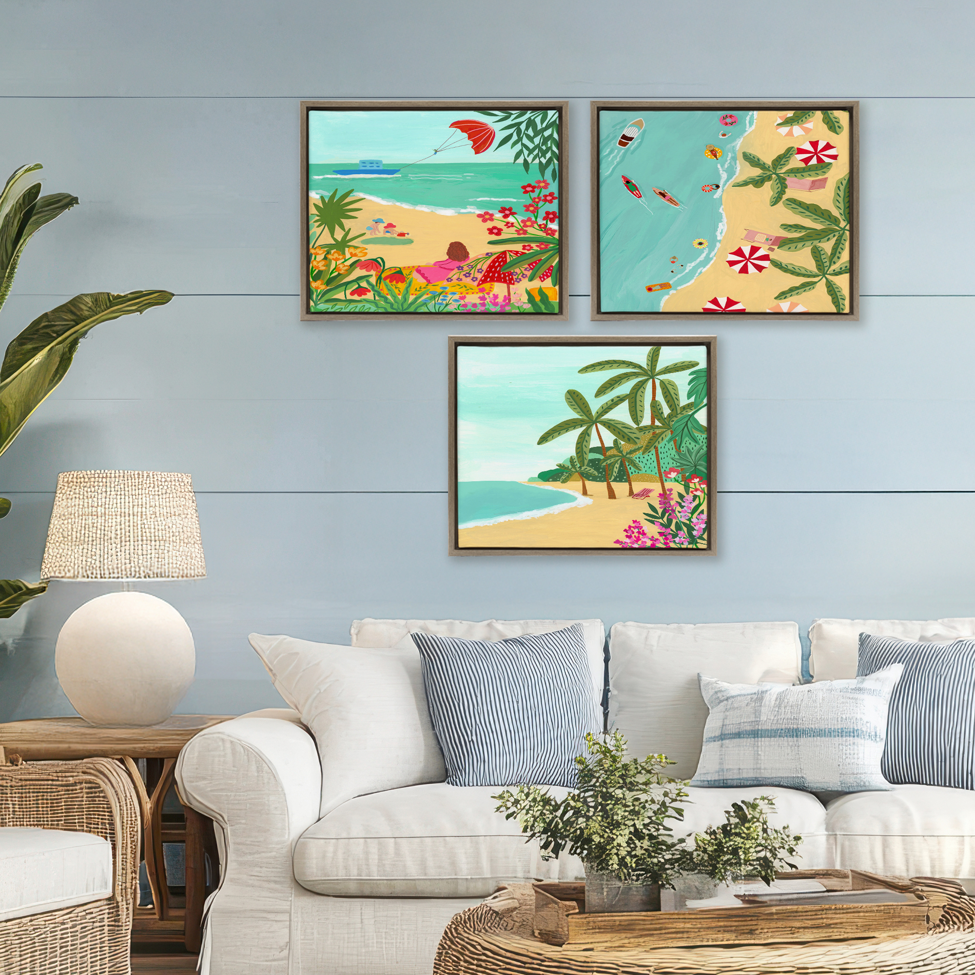 Busy Beach And Flowers 3 Piece Brown Framed Floater Canvas Set, design by Nabeela Rumi