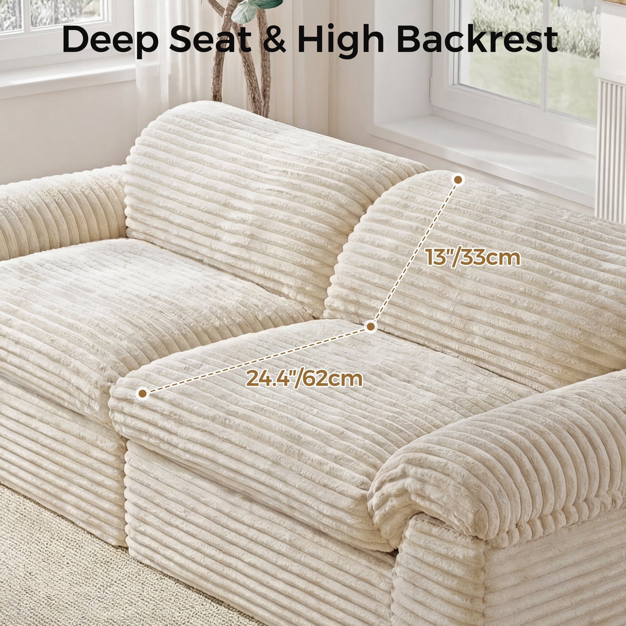 Neche 114" Boneless Sofa Couch for Living Room, Deep Seat, Soft Corduroy Design, Camel