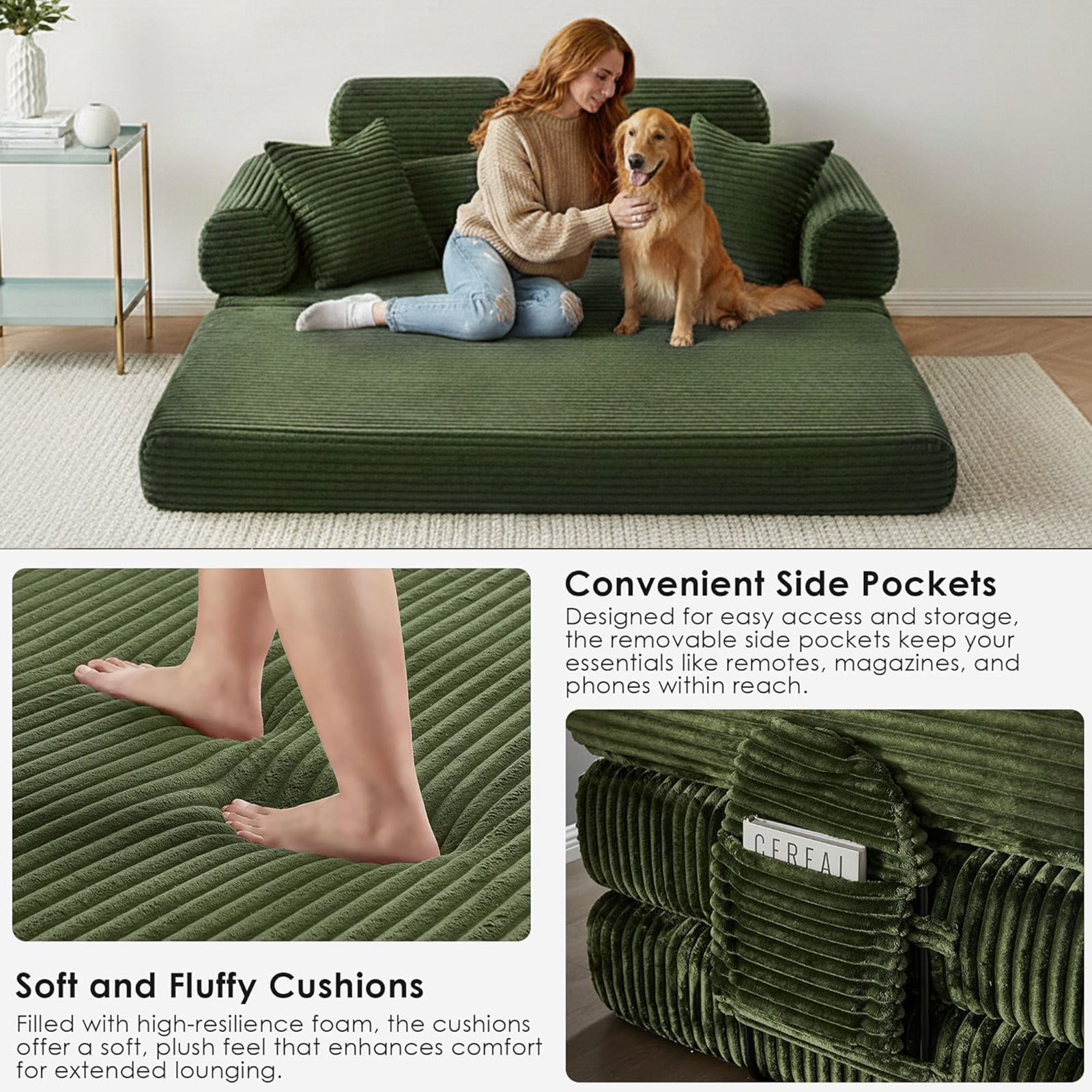 Convertible Sleeper Sofa Bed, 78.5" Modern Futon Sofa Bed for Living Room, Foldable Loveseat Sofa with Memory Foam, Corduroy Floor Mattress Couch, No Assembly Required (Green)