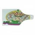 thumbnail image 1 of Mardi Gras Cutting Board, Harlequin Lady Cartoon Style Circular Frame Checkered Pattern Ribbons, Tempered Glass Cutting and Serving Board, Wine Bottle Shape, Purple Yellow Green, by Ambesonne, 1 of 1