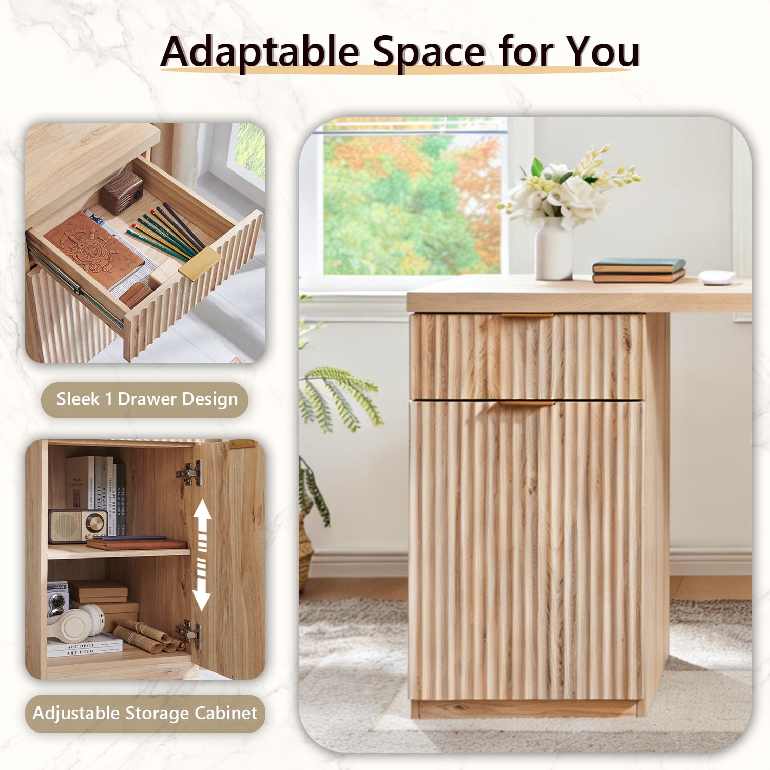 IFMust 60" Home Office Desk with Storage Drawer & Cabinet, Modern Executive Desk with Charging Station, Fluted Computer Desk for Study, Living Room, Oak