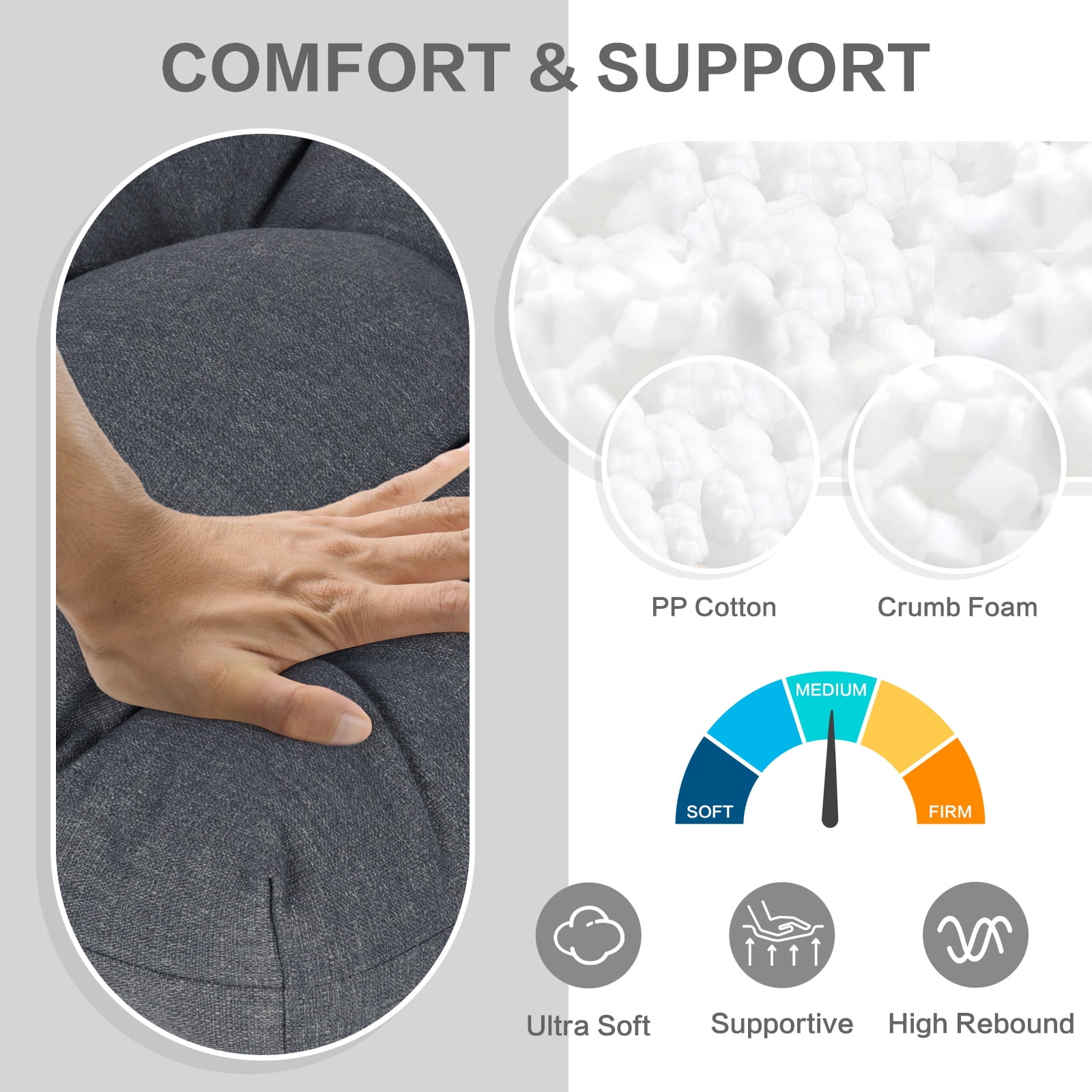 Aoodor 19x19x5 Inch Tufted Outdoor Chair Cushions, Water and Fade Resistant Polyester Dining Chair Pads with Ties for Patio Furniture, Set of 4, Dark Gray