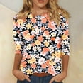 thumbnail image 2 of hopeusnice Hauts de Printemps Col Rond Automne Chemises Tendance Tuniques Motif Fleur Blouses Amples pour Femmes Manches 3/4 Légères Basiques Multicolores TTG, 2 of 5