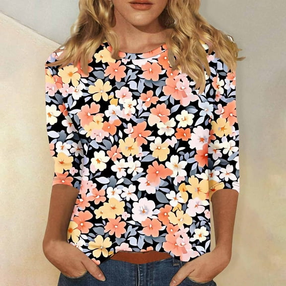 3/4 Length Sleeve Womens T Shirts Cotton Womens Summer Shirts 3 Pack Summer Floral Tops for Women 2026 White Printed Tshirts for Women