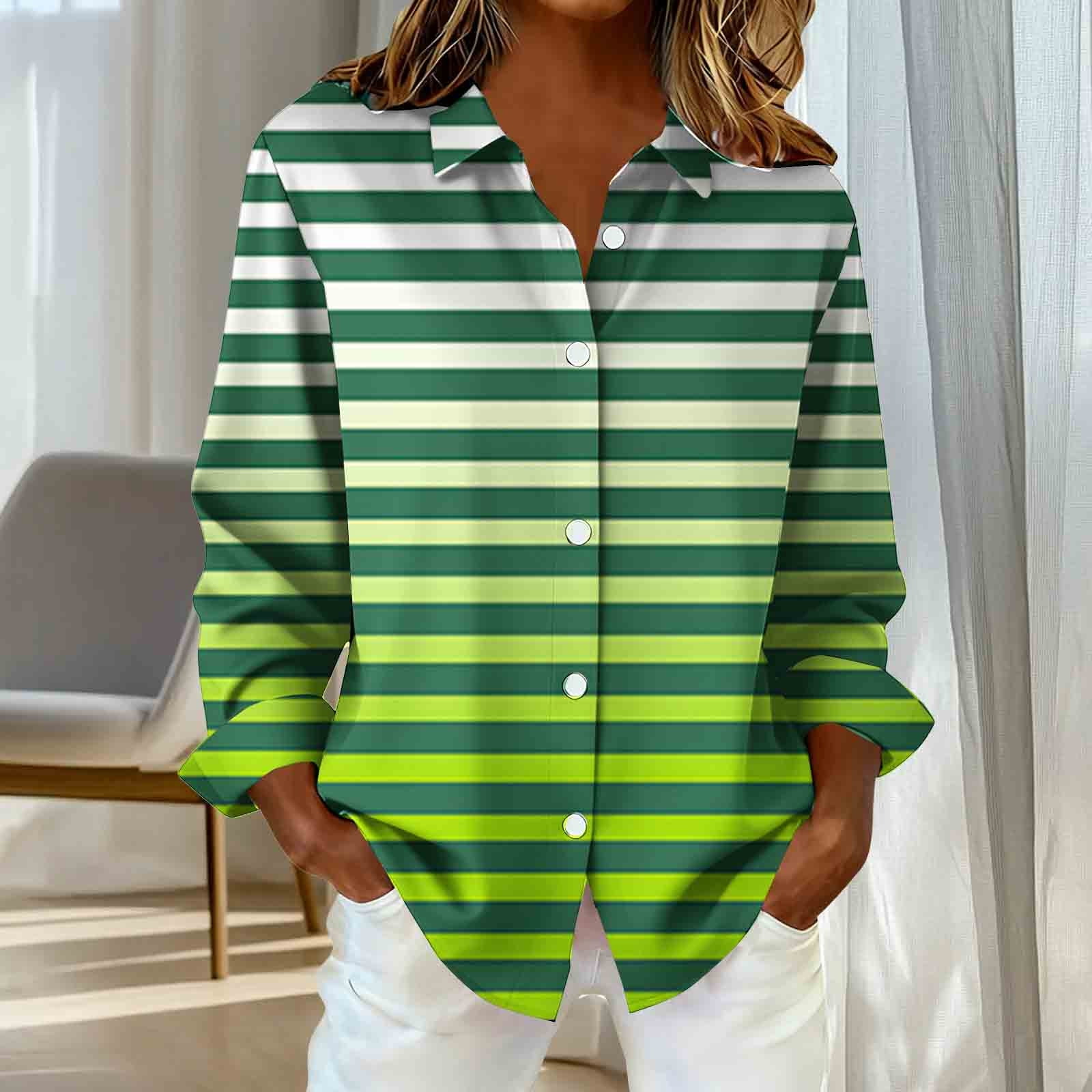 ylioge Shirts for Women Plus Size S-5X Long Sleeve Button-Down Collared Blouses Womens Trendy Stripe Printed Breathable Hawaiian Beach Tops