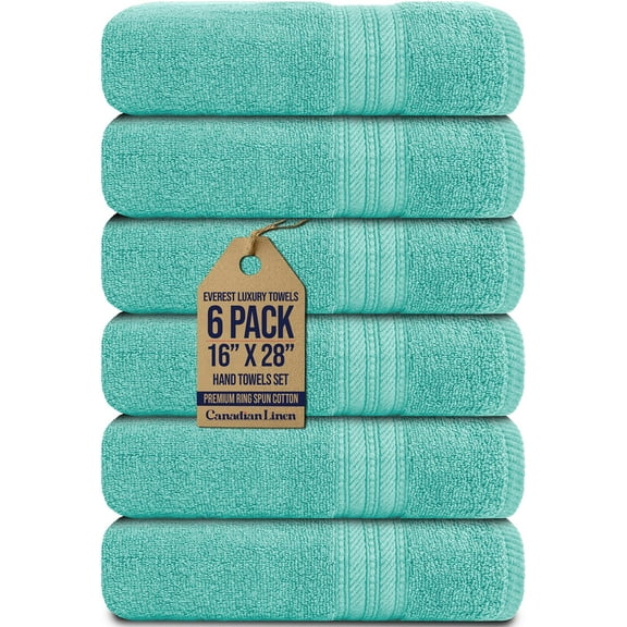 Canadian Linen Luxury Everest Hand Towels, 16”x28”, 6 Pack, Lightweight Quick Dry Soft Absorbent Cotton Fingertip Towels Set for Home, Motel, Gym Aqua Teal