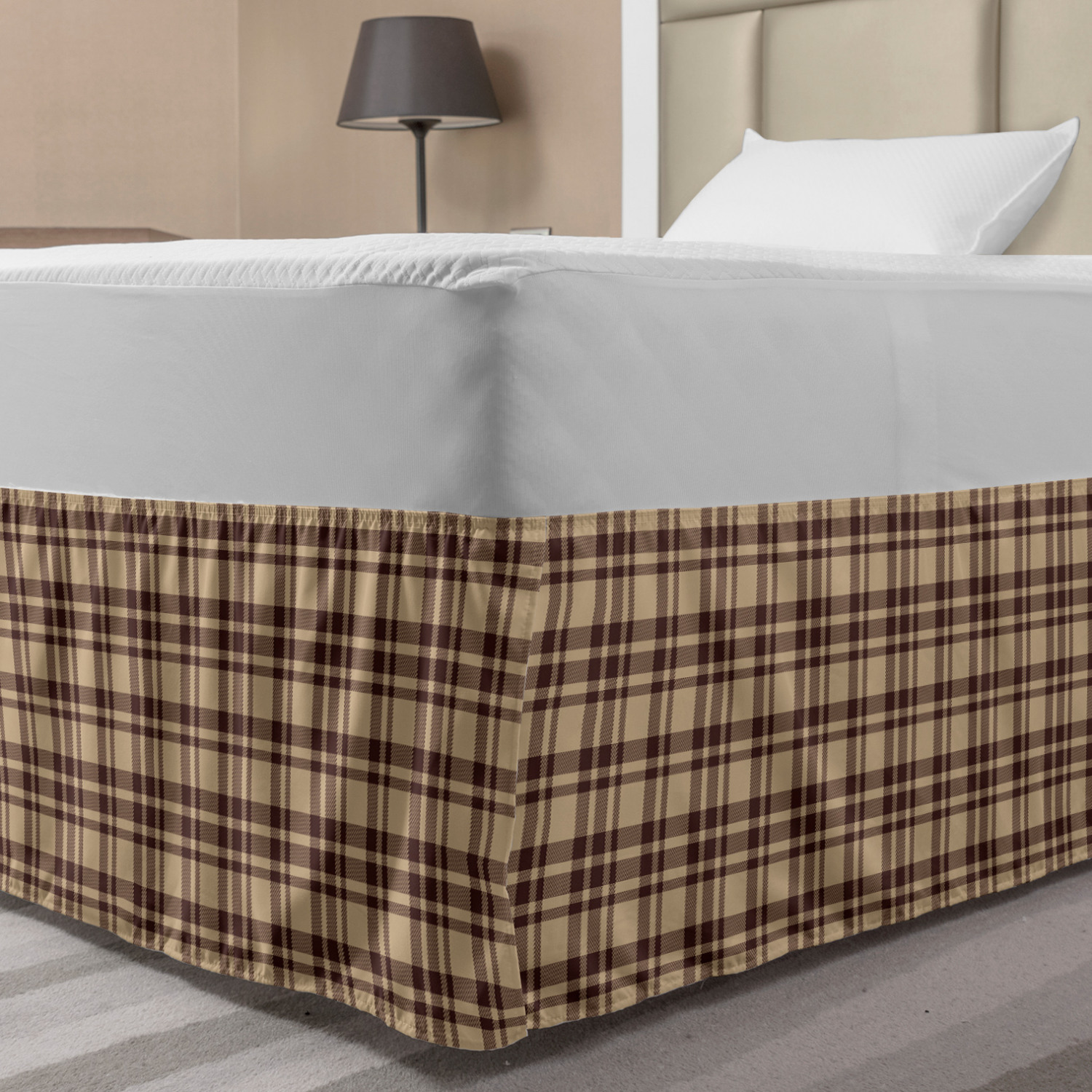 Tan and Brown Bed Skirt, Old Fashioned Check Plaid Pattern Scottish
