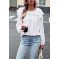 thumbnail image 5 of Solid Round Neck Ruffle Shoulder Crochet Detail Blouse for Women White Large, 5 of 5