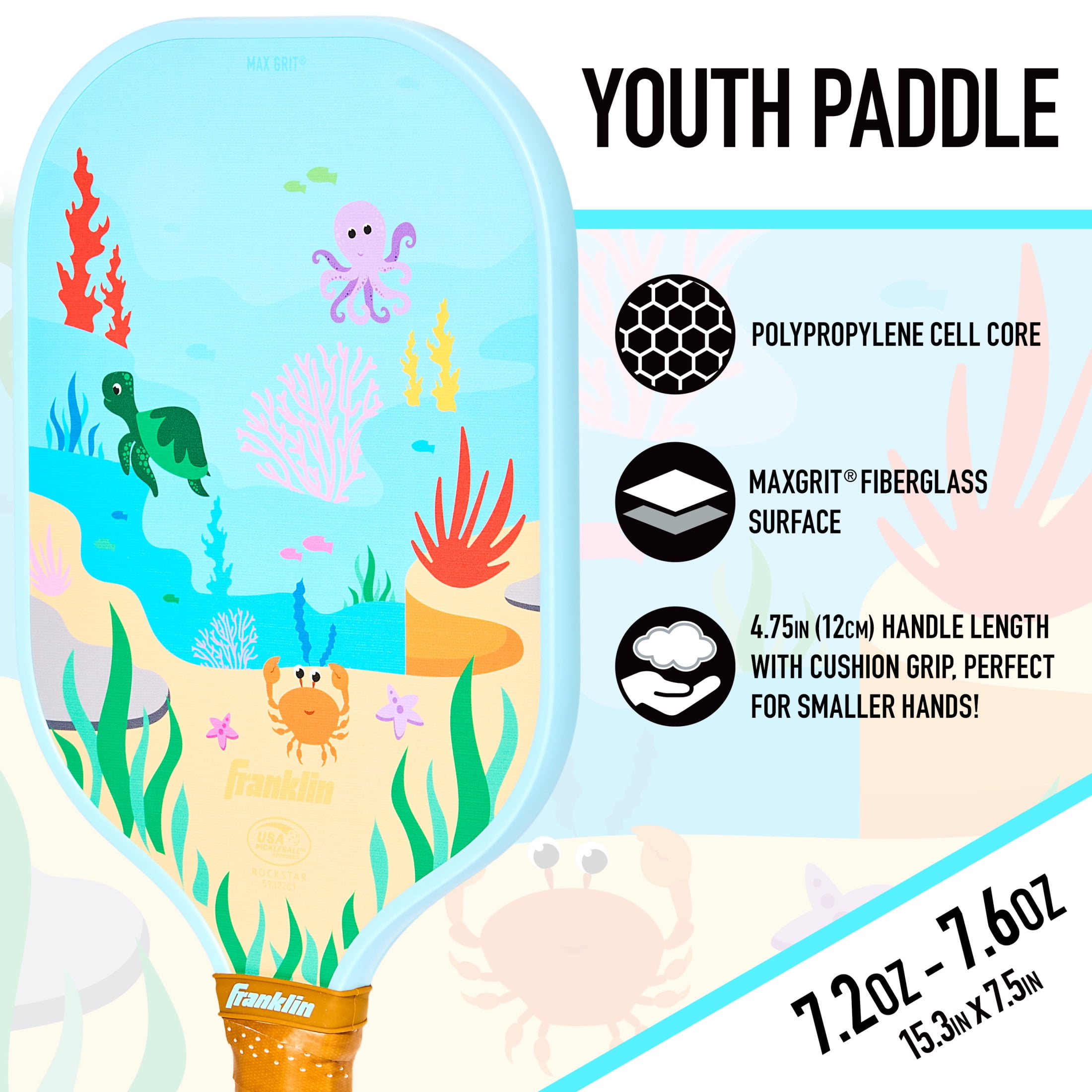 Franklin Sports Youth Pickleball Paddle - Pickleball Paddles for Kids - Max Grit Fiberglass Surface - Polypropylene Core - USA Pickleball (USAP) Approved - Sealife