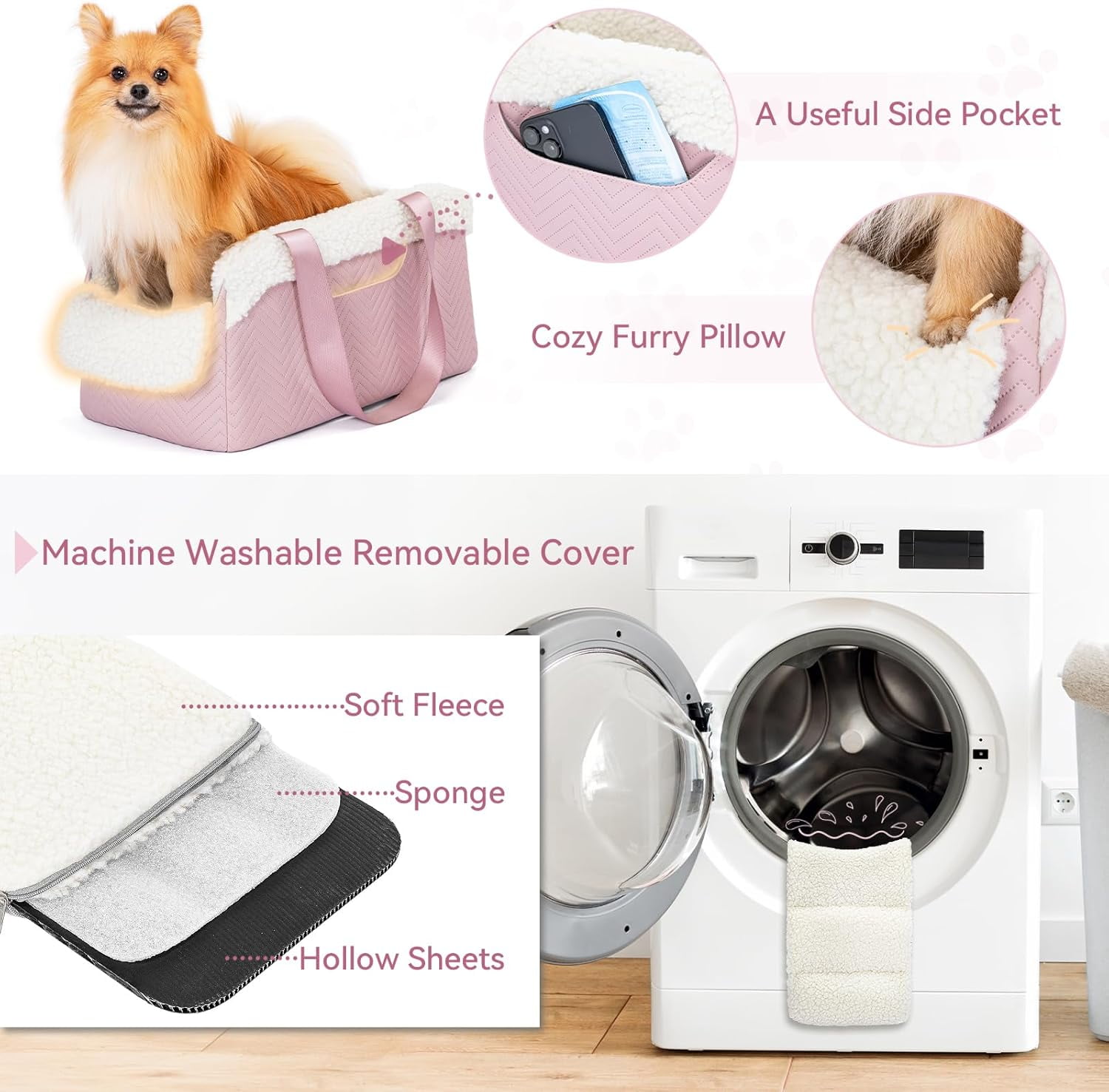 Car  Portable Console Dog  with Safety Hooks for Small Pets  to 9 lbs Pink
