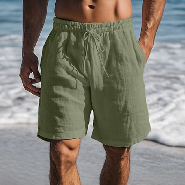 pstuiky Pantalones cortos para hombre, Pantalones cortos casuales de lino sintético con cordón, cintura elástica, color liso, bolsillos y transpirables para hombre