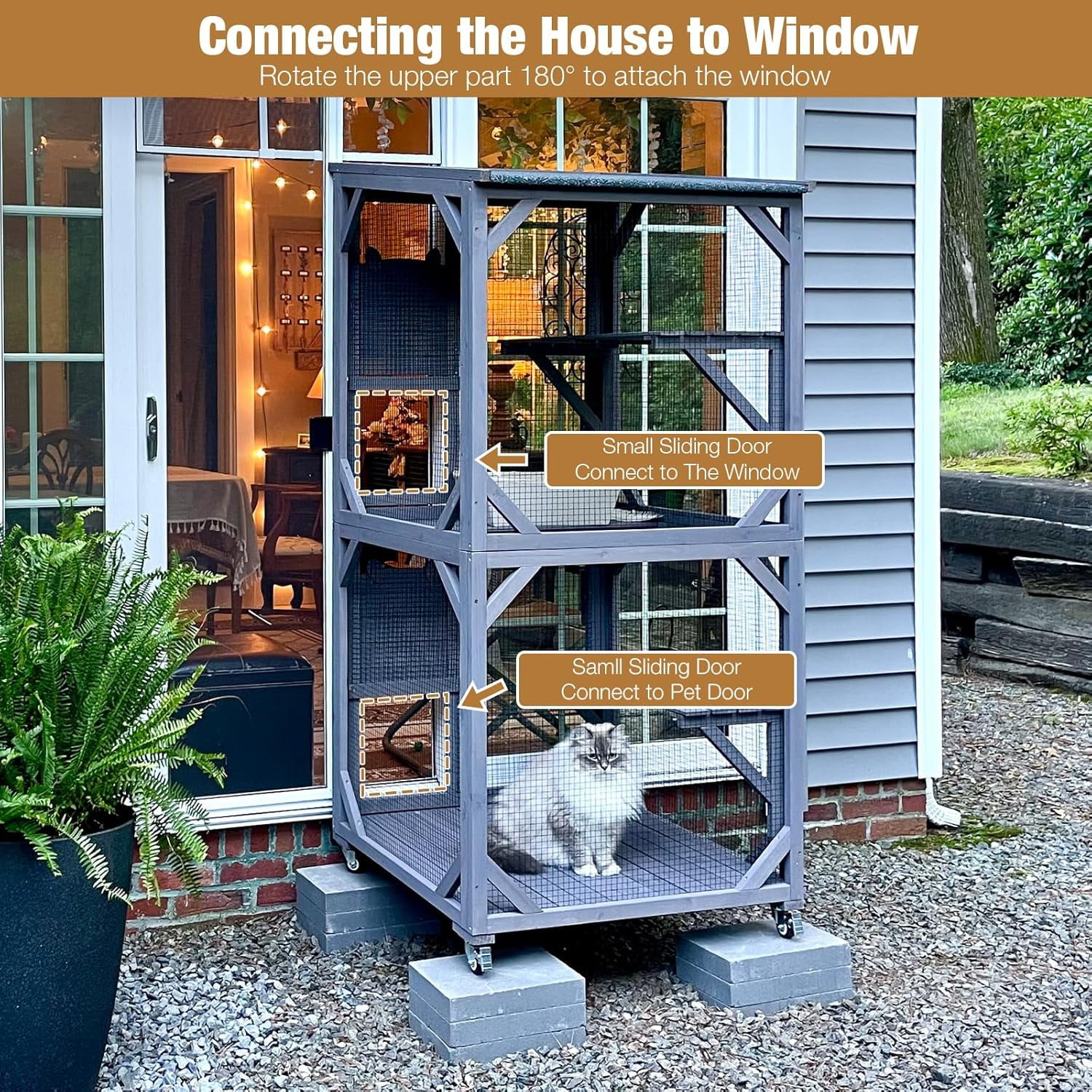MEDEHOO 71 " Outdoor Catio Cat Enclosure , Kitty House Indoor with Perches and Condos Large Cat Shelter -Waterproof Catio Shelter with Wheels