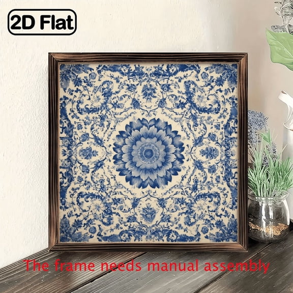, Retro Woodblock Print Wall Art - 8x8 Inch Square Blue Floral Pattern in Navy White, Modern Minimalist Wood Wall Decor for Bedroom, Office.