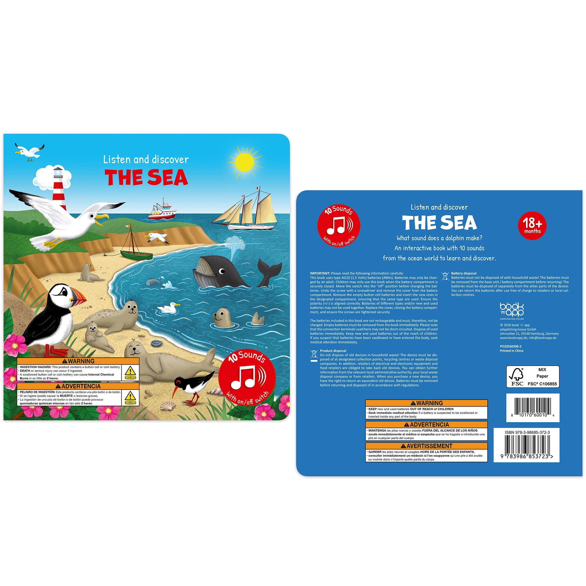 book 'n' app: Listen & Discover Book - The Sea - Soft Touch Press, 10 Ocean Animal Themed Sounds, Interactive Play-Read-Learn Story, Kid-Toddler 18Mo+