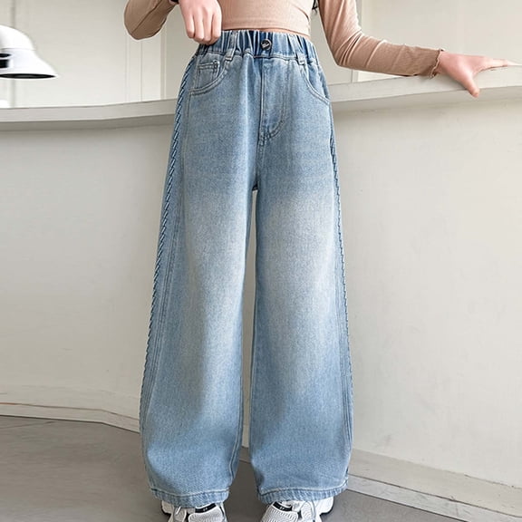 Baby Girl Pants Girls High Waist Straight Wide Denim Jeans Casual Loose Spring Fall Blue 12-15 Years