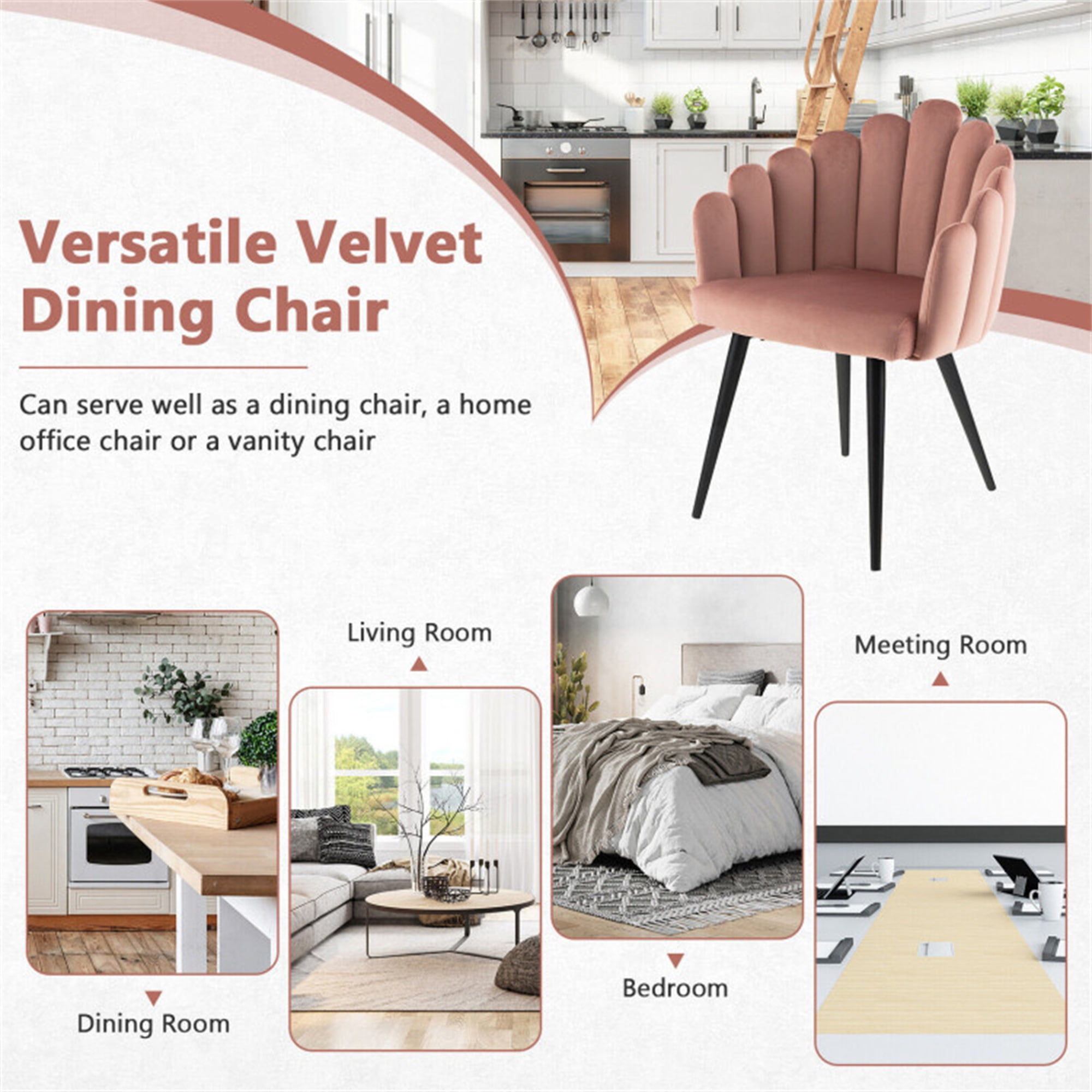 Demi Bonn Modern Velvet Dining Chair with Metal Base and Petal Backrest, Pink
