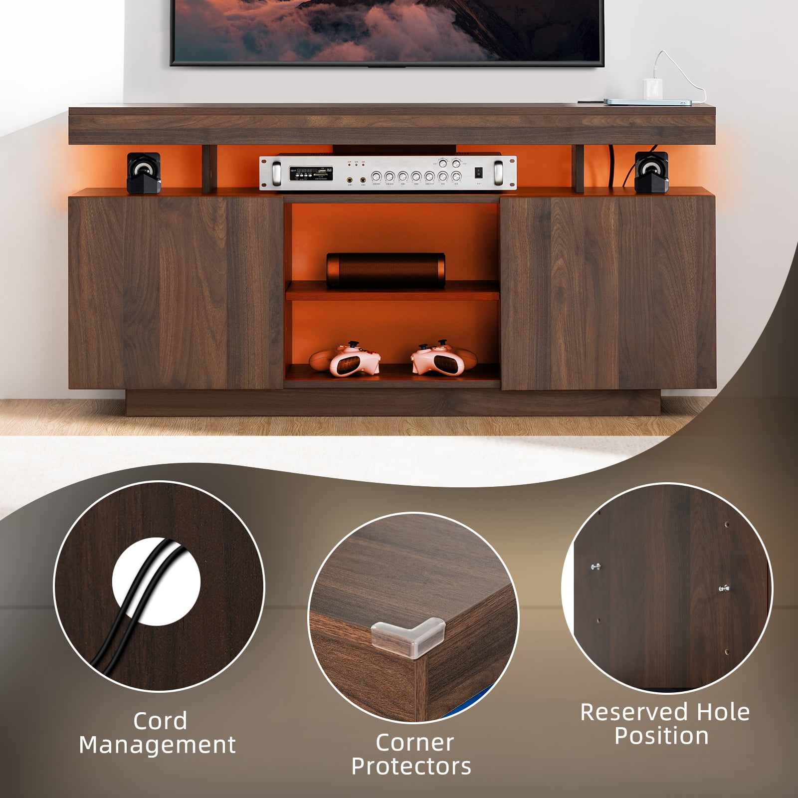 Hommpa LED TV Stand for TVs up to 55" with Power Outlets Wood Entertainment Center with Storage and Shelves Media Console Table TV Cabinet Walnut Finish