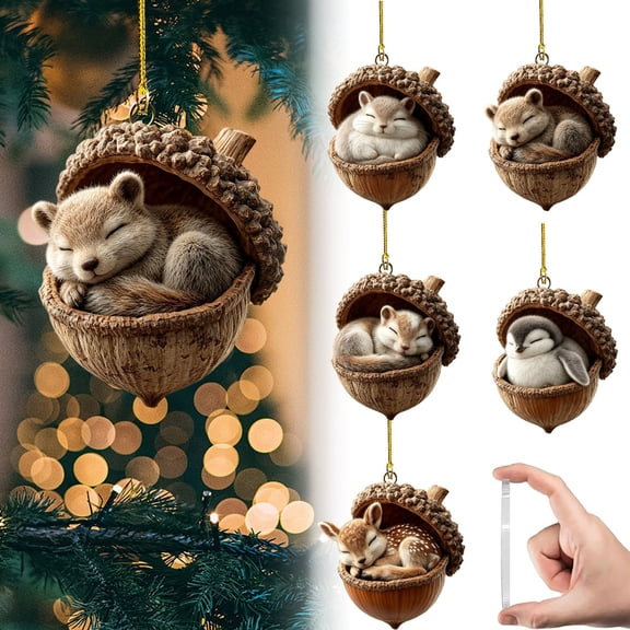 5 Pack Assorted Sleeping Forest Animal Acorn Shell Christmas Tree Ornaments Set, 2D Resin Woodland Creature Hanging Decor Kit for Nature Decor Lovers