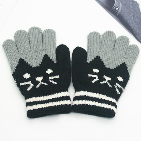 

Winter Children s Plus Velvet Thickening Cute Cartoon Cat Point Finger Gloves