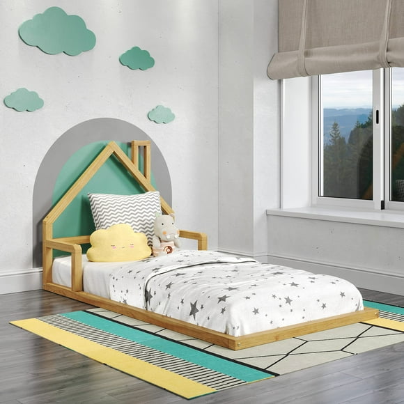 PKolino casita House Twin Floor Bed - Montessori Inspired - Solid FSc certified Solid Wood Floor Bed - Natural Wood