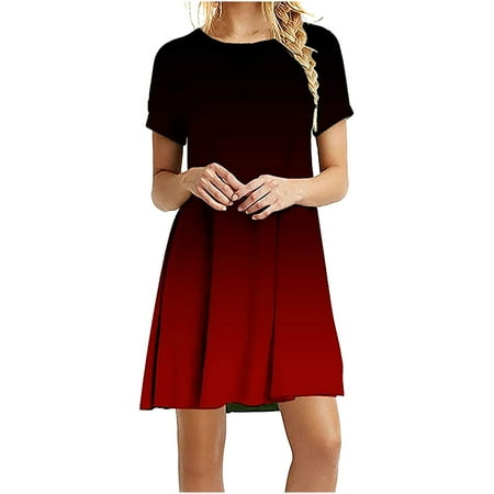 

Summer Dresses for Women Short Sleeve O-Neck Gradient Printed Tunic Pleated Beach Mini Sundress Casual Dresses